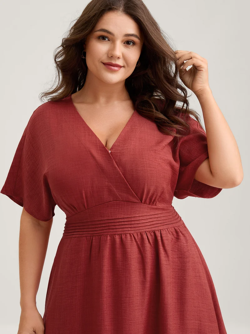 Waist-Cinched Tiered Surplice Midi Dress