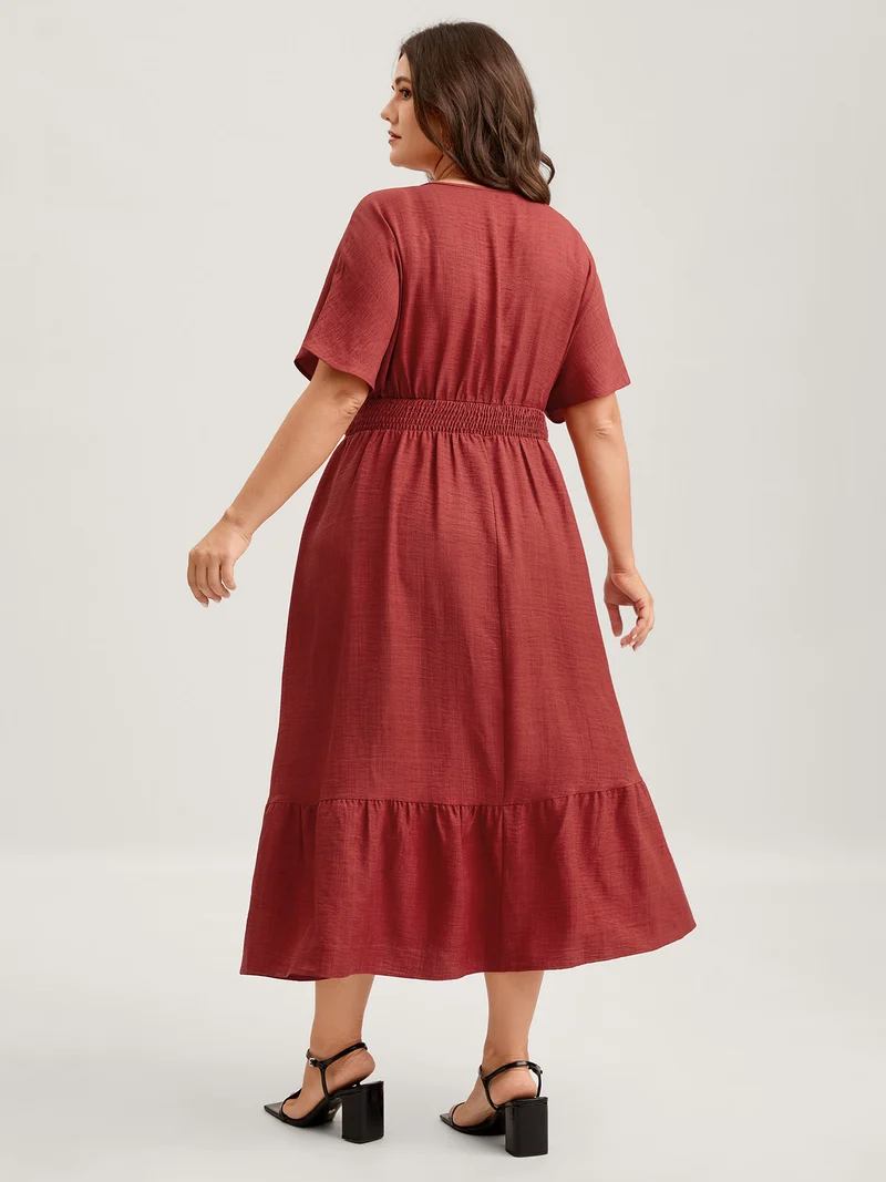 Waist-Cinched Tiered Surplice Midi Dress