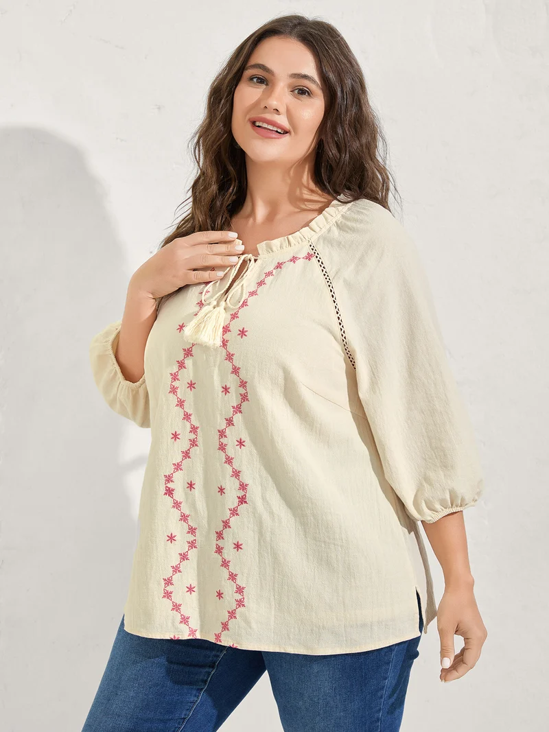 Cotton Lace Embroidered Shirred Neck-Tie Blouse