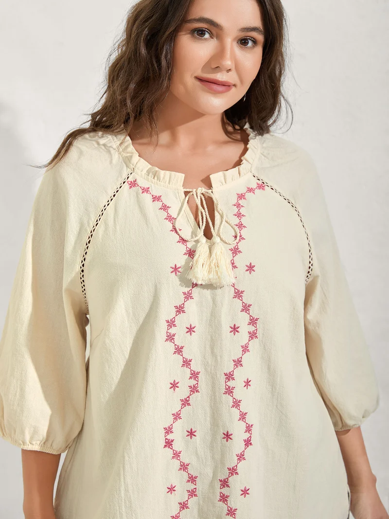 Cotton Lace Embroidered Shirred Neck-Tie Blouse