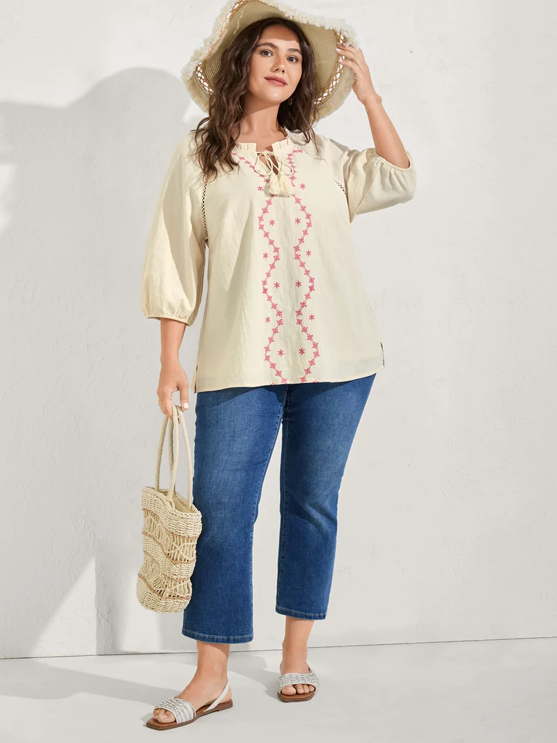 Cotton Lace Embroidered Shirred Neck-Tie Blouse