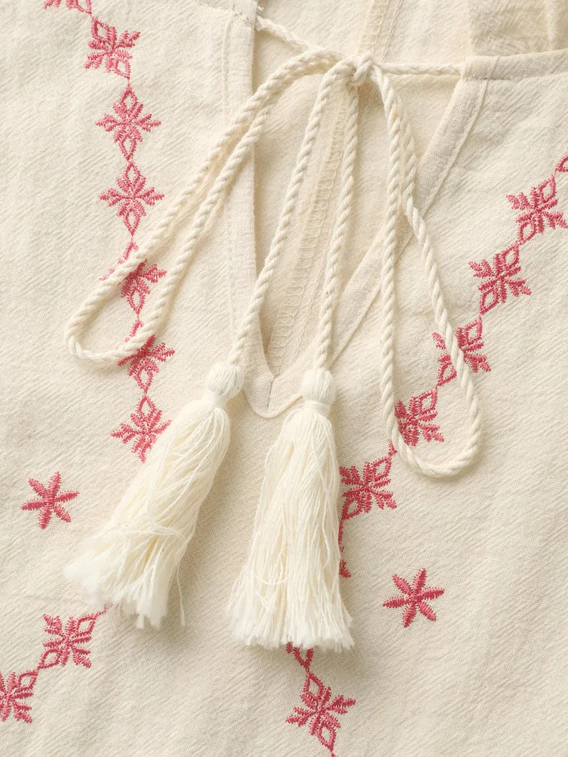 Cotton Lace Embroidered Shirred Neck-Tie Blouse