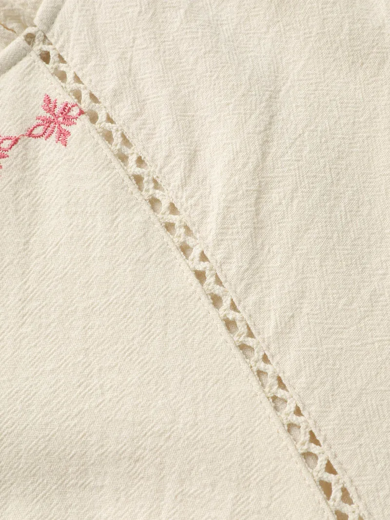 Cotton Lace Embroidered Shirred Neck-Tie Blouse