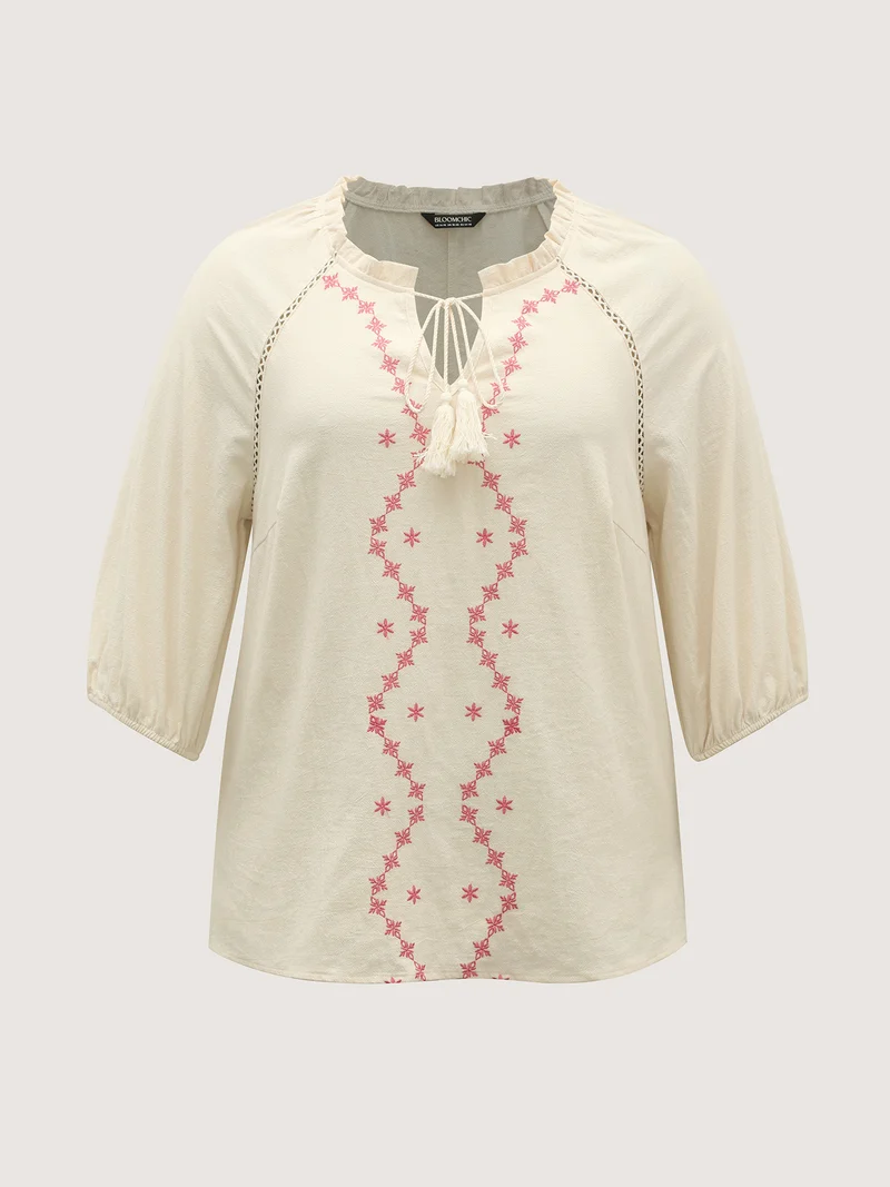 Cotton Lace Embroidered Shirred Neck-Tie Blouse