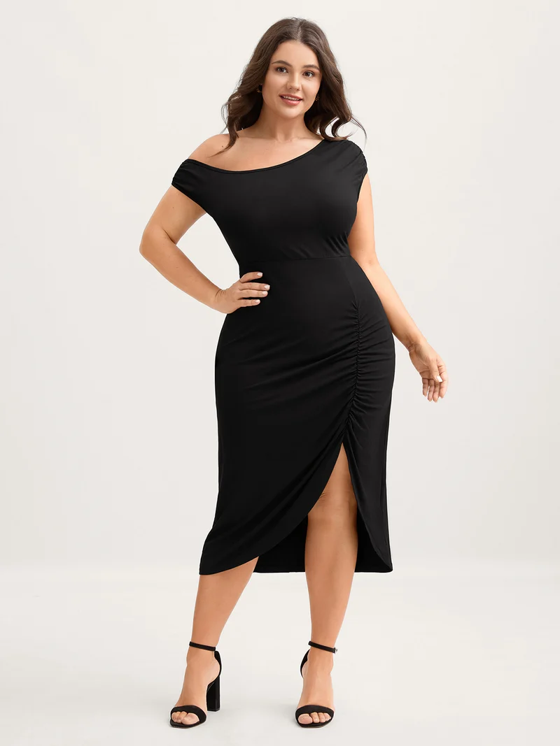 One Shoulder Ruched Split Hem Midi Dress