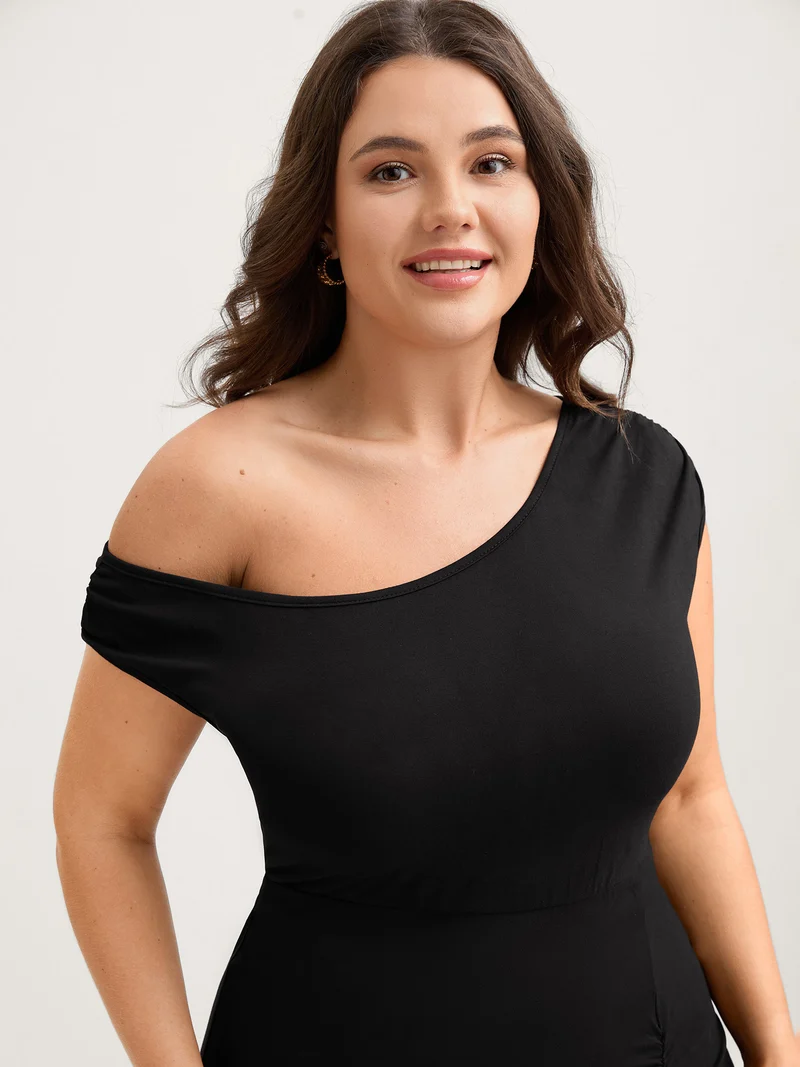 One Shoulder Ruched Split Hem Midi Dress
