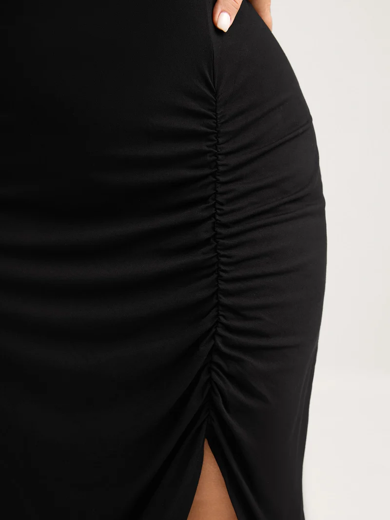 One Shoulder Ruched Split Hem Midi Dress