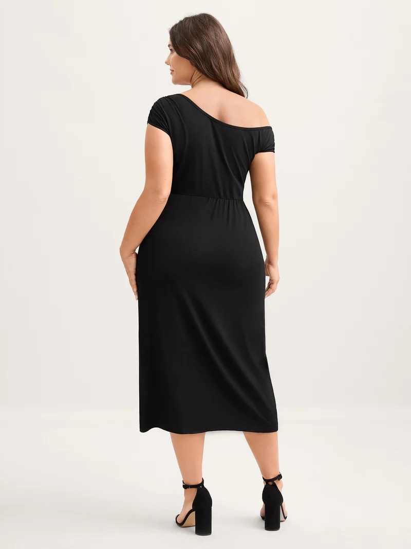 One Shoulder Ruched Split Hem Midi Dress
