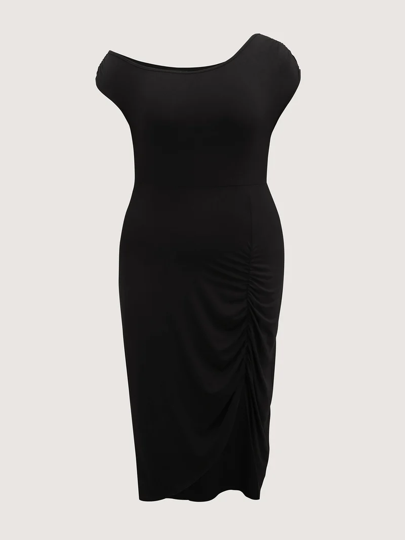 One Shoulder Ruched Split Hem Midi Dress