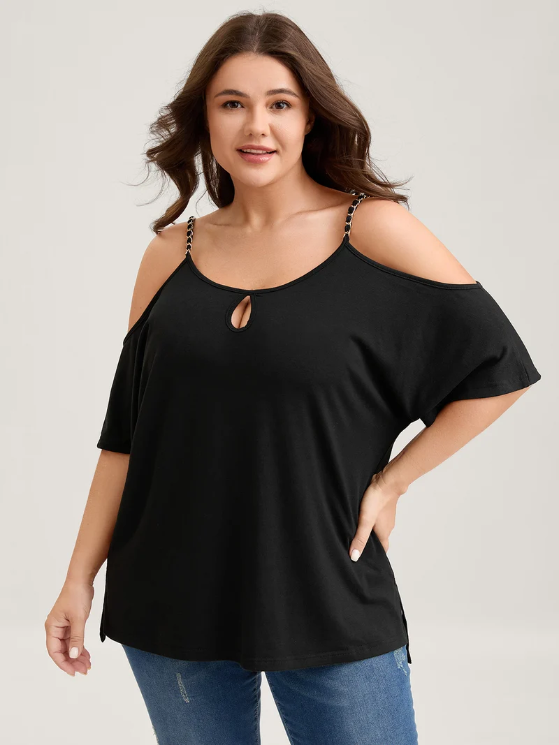 Off-Shoulder Metallic Detail Flowy T-Shirt