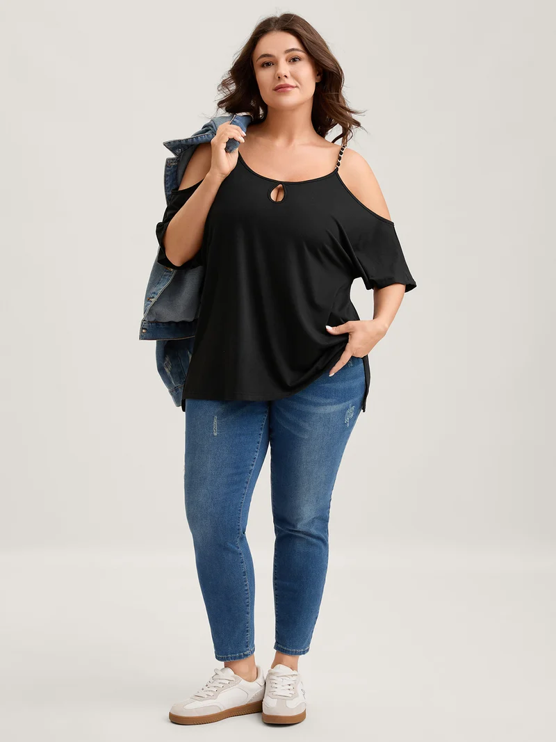 Off-Shoulder Metallic Detail Flowy T-Shirt