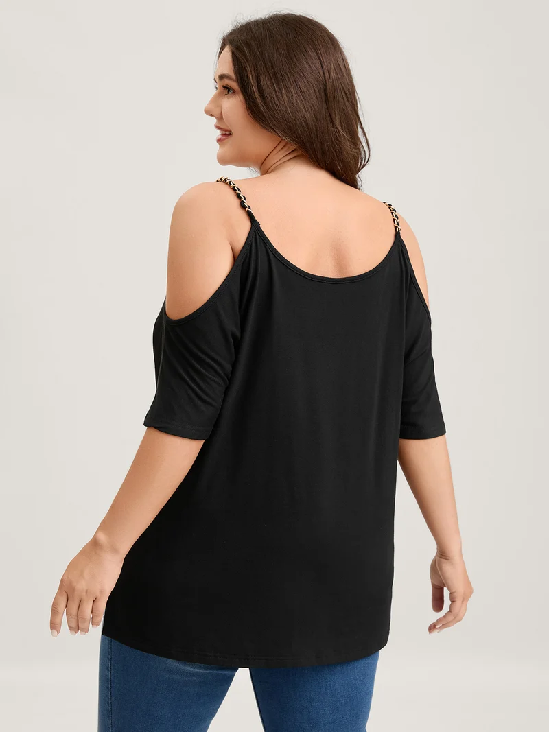 Off-Shoulder Metallic Detail Flowy T-Shirt