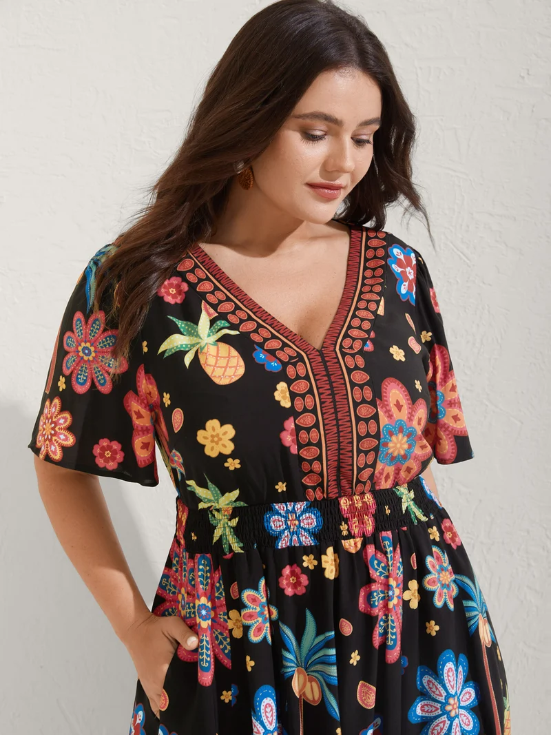Rayon Tropical Floral Shirred Waist Midi Dress