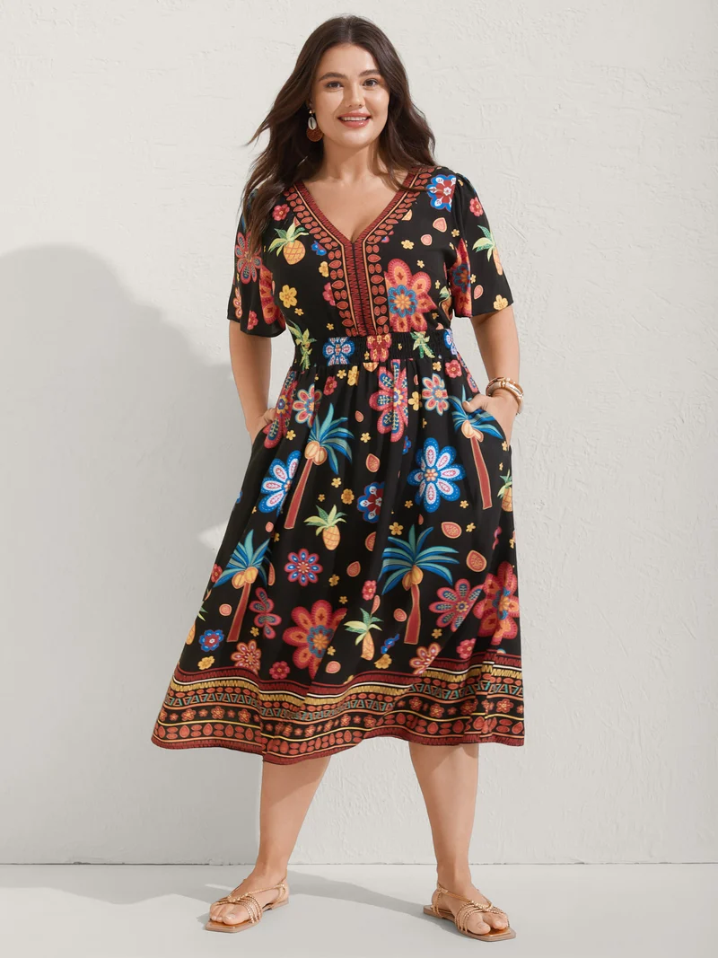 Rayon Tropical Floral Shirred Waist Midi Dress