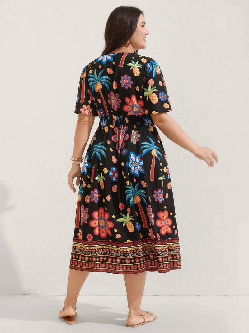 Rayon Tropical Floral Shirred Waist Midi Dress