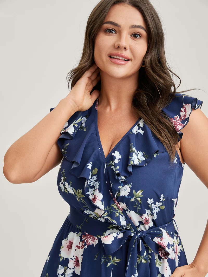 Floral Belted Waist Ruffled Pockets Midi Dress