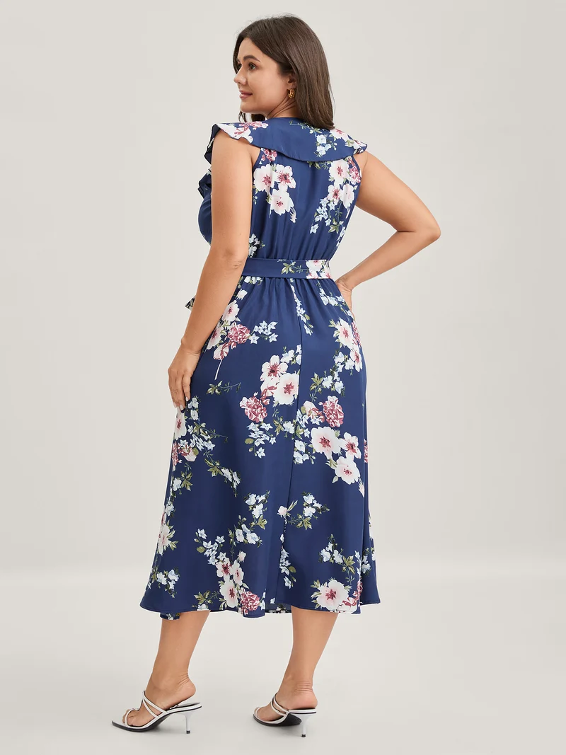 Floral Belted Waist Ruffled Pockets Midi Dress