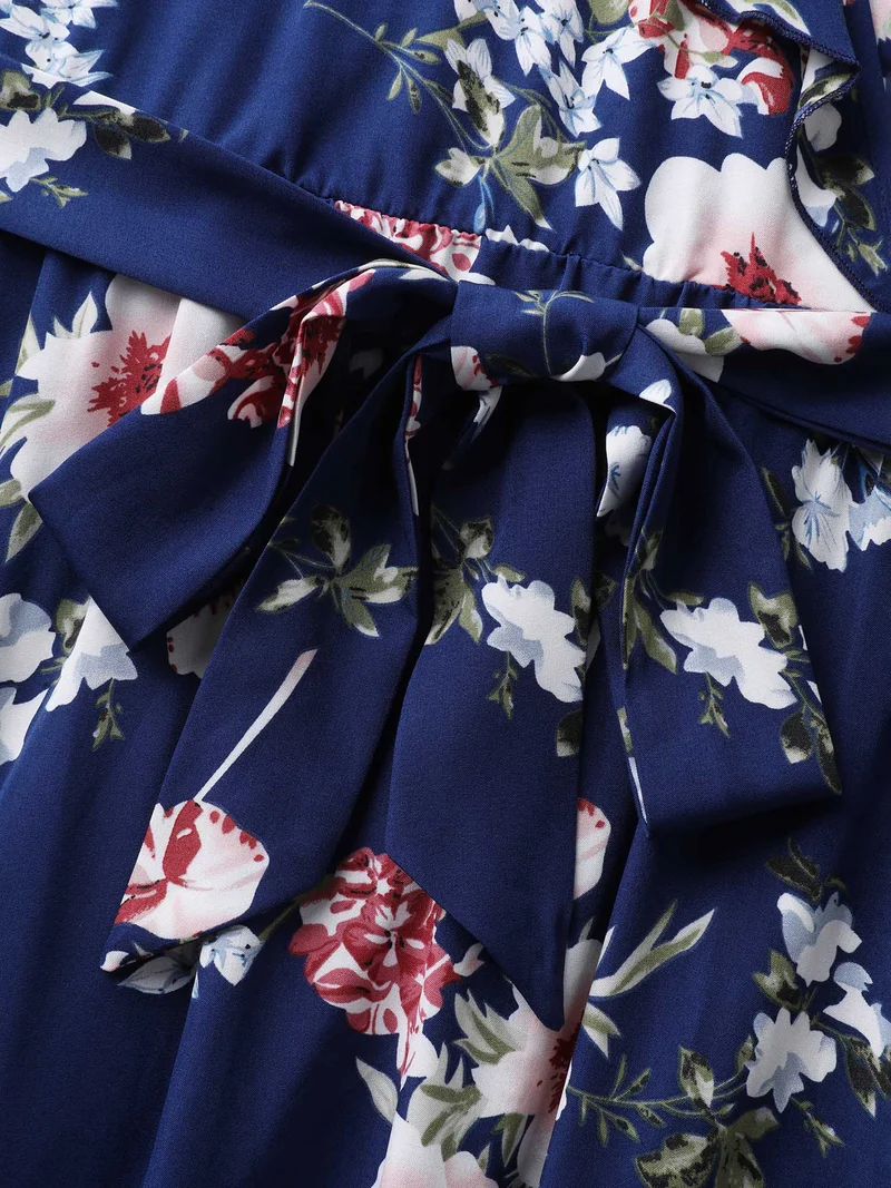 Floral Belted Waist Ruffled Pockets Midi Dress