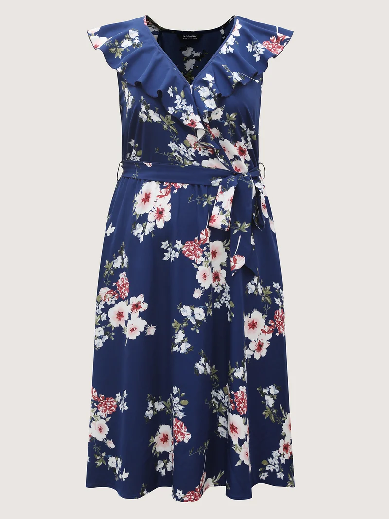 Floral Belted Waist Ruffled Pockets Midi Dress