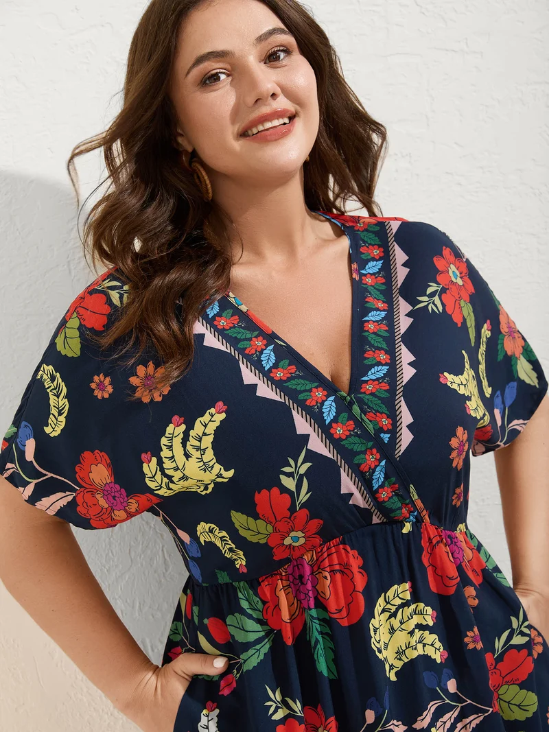 Rayon Colorful Floral Split Side Midi Dress