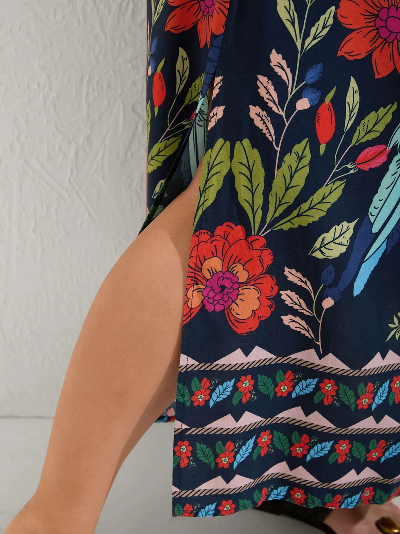 Rayon Colorful Floral Split Side Midi Dress