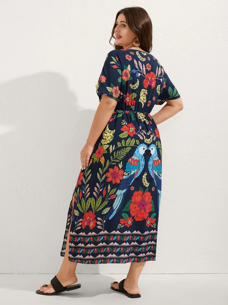 Rayon Colorful Floral Split Side Midi Dress