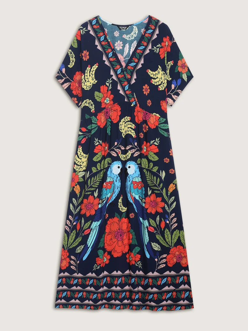 Rayon Colorful Floral Split Side Midi Dress