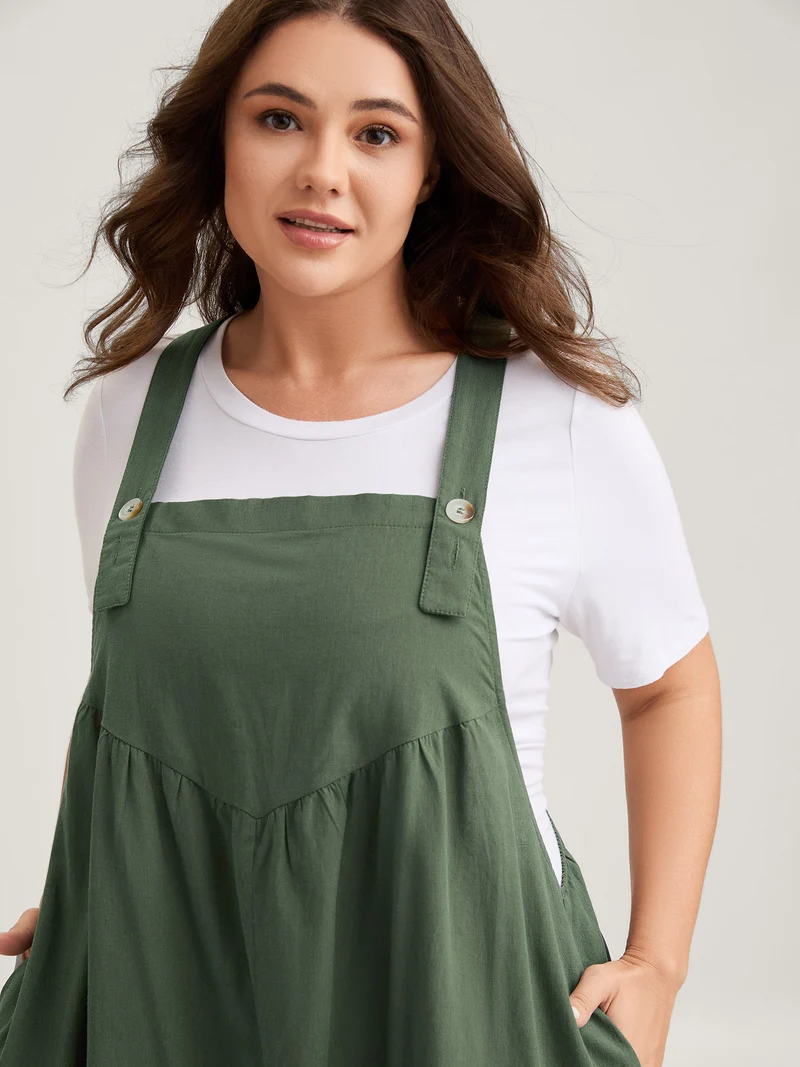 Overall Straps Front Slit Pockets Midi Dress