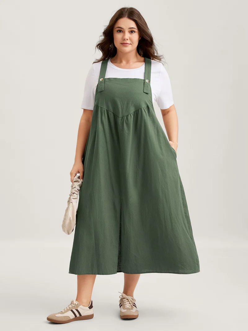 Overall Straps Front Slit Pockets Midi Dress