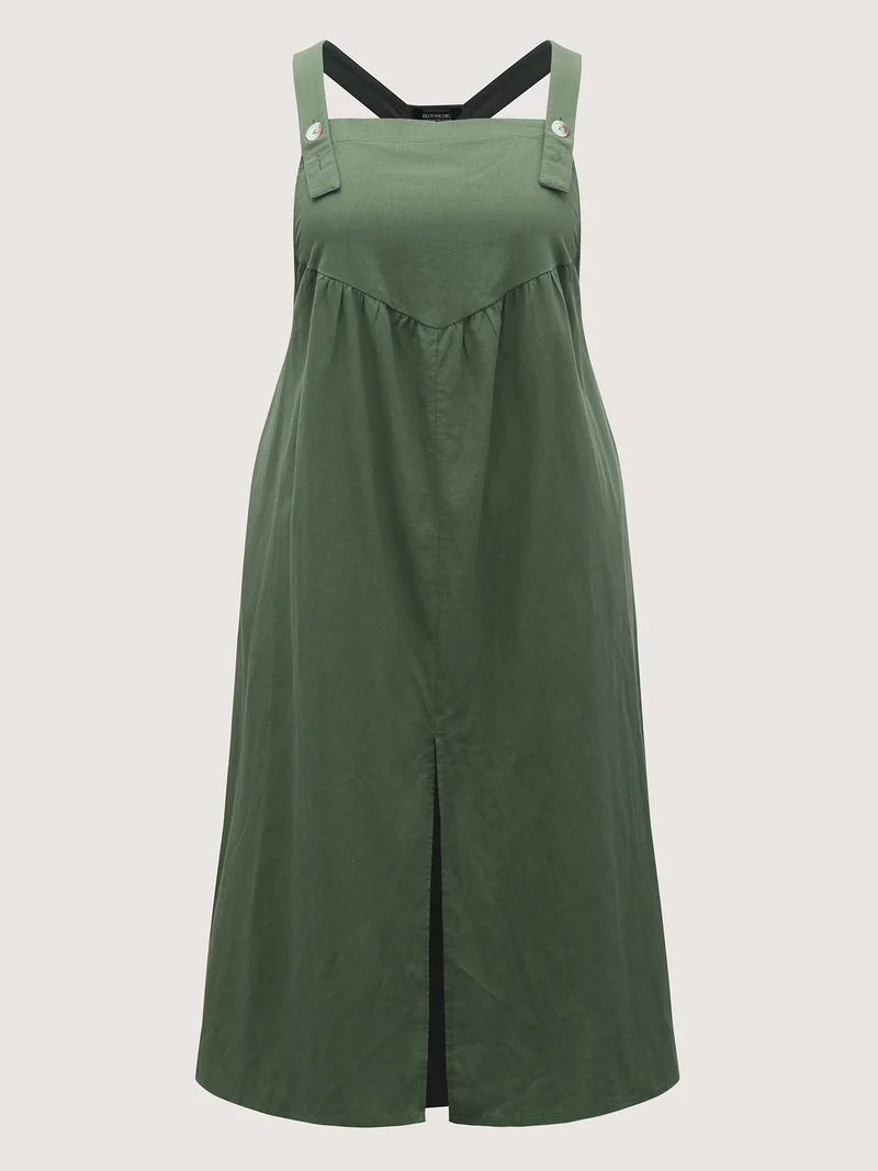 Overall Straps Front Slit Pockets Midi Dress