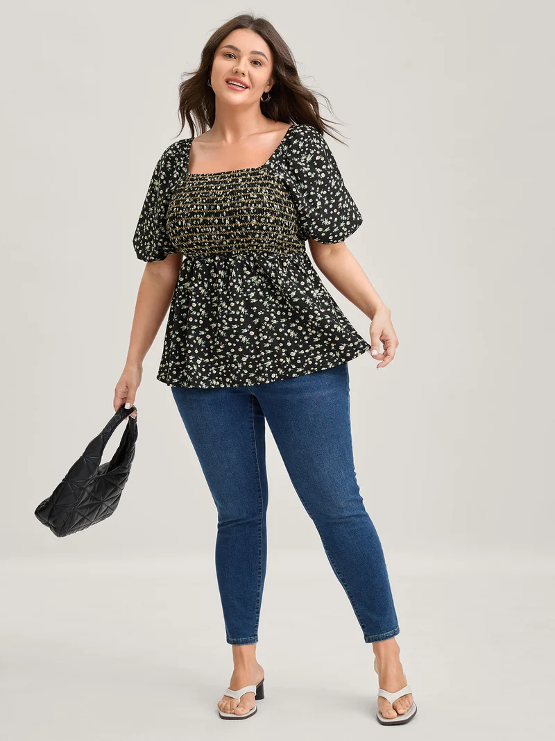 Shirred Bust Floral Fit and Flared Blouse