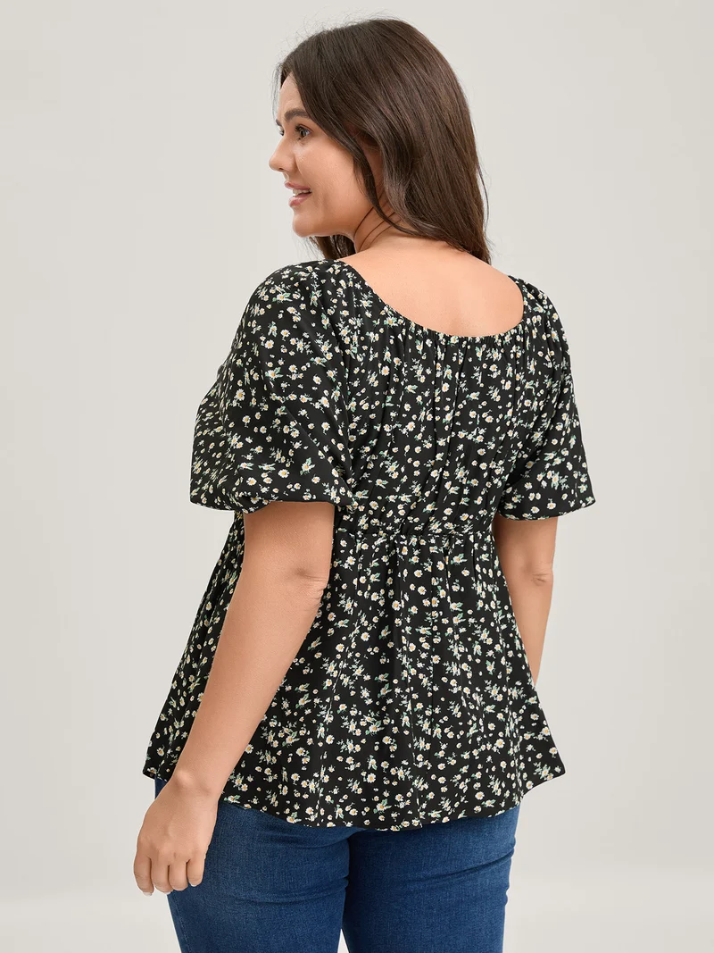 Shirred Bust Floral Fit and Flared Blouse