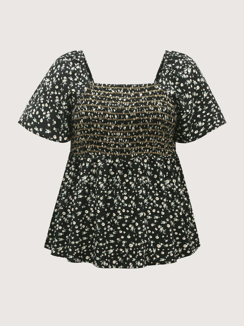 Shirred Bust Floral Fit and Flared Blouse