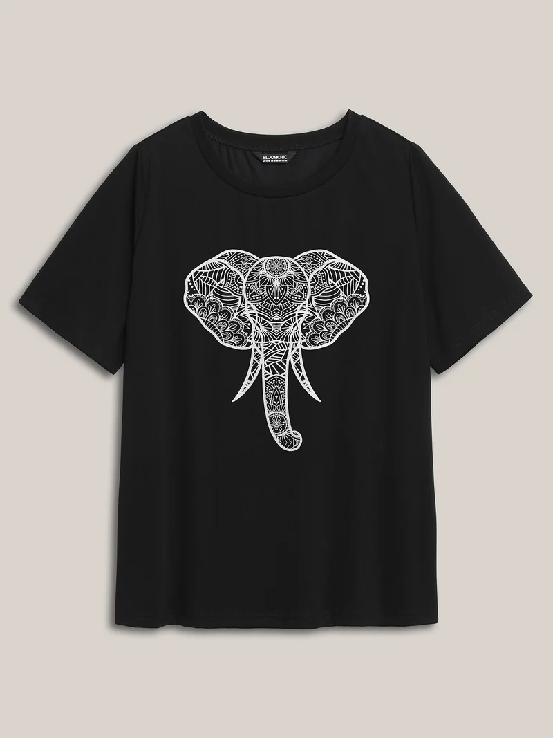 Elephant Abstract Print Round Neck T-Shirt