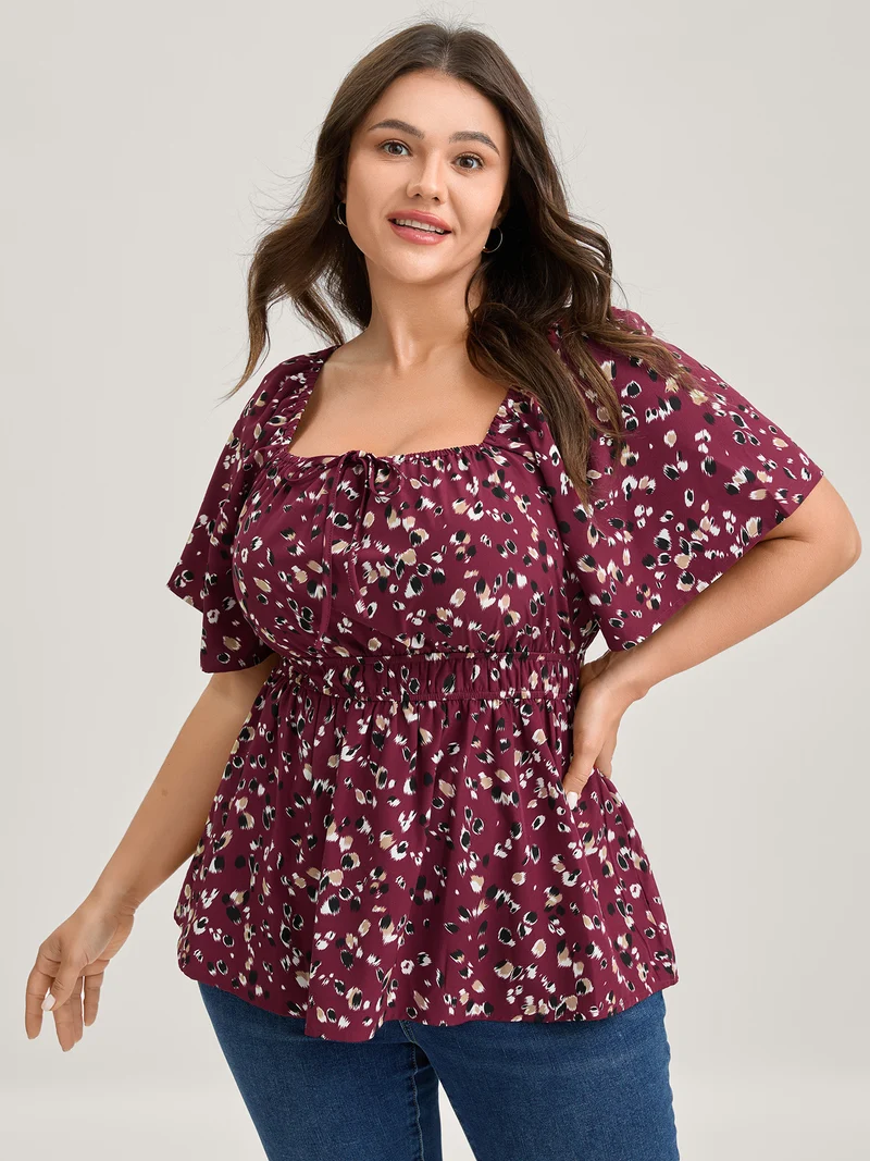Leopard Brushed Print Neck Drawstring Blouse