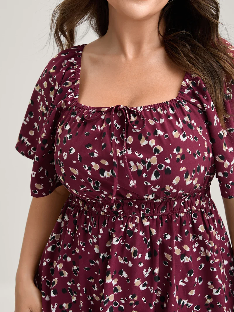 Leopard Brushed Print Neck Drawstring Blouse