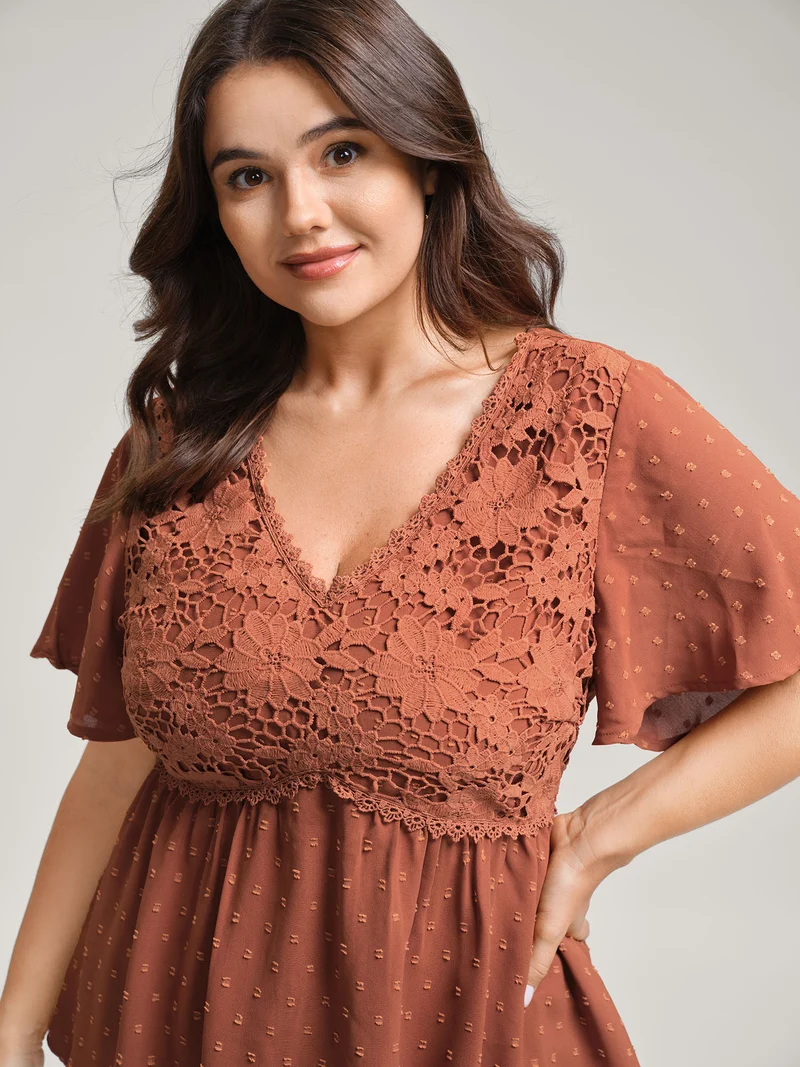 Lace Textured Cinched-Flared Waist Blouse