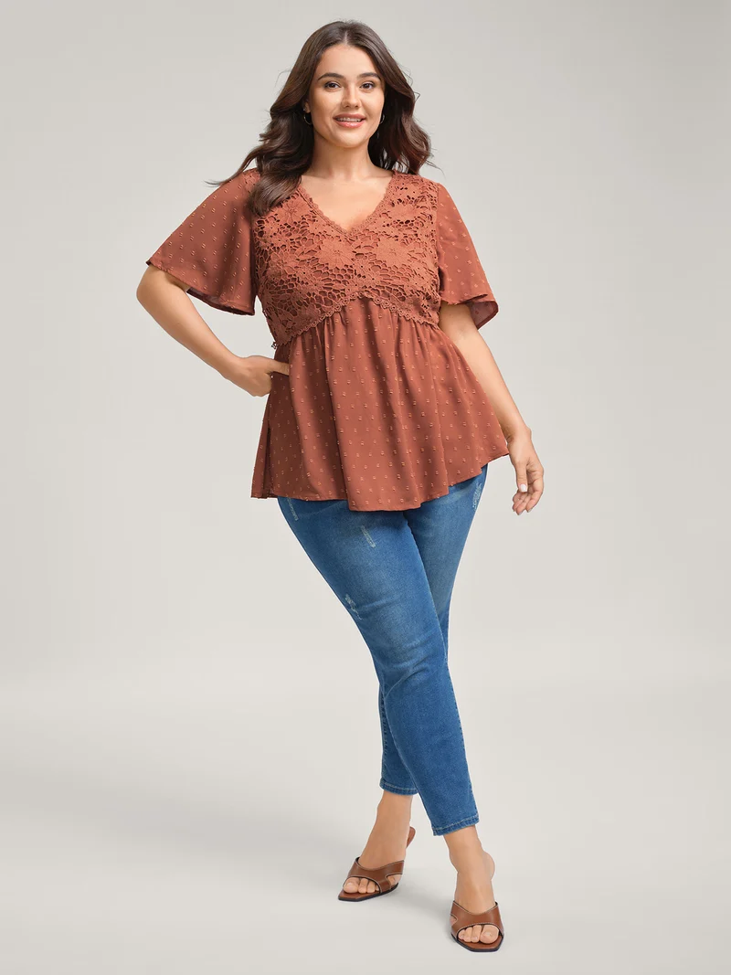 Lace Textured Cinched-Flared Waist Blouse