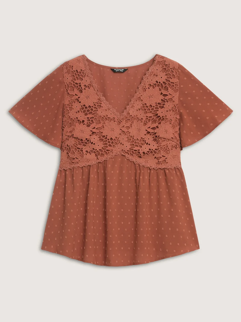 Lace Textured Cinched-Flared Waist Blouse