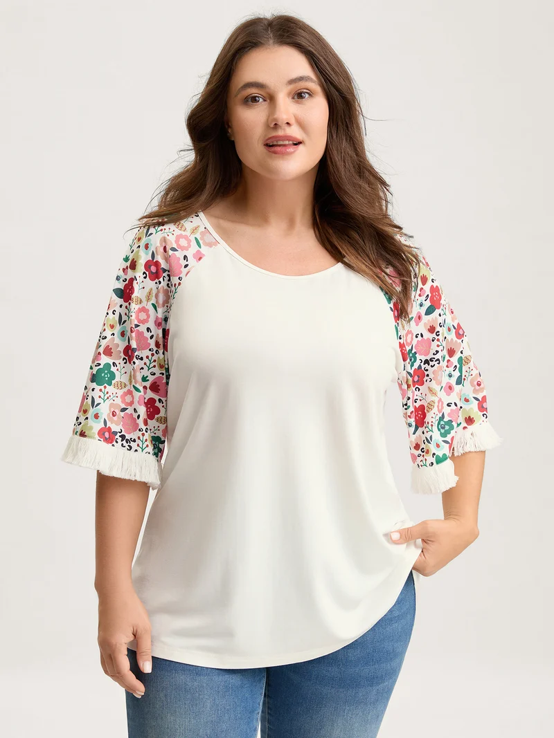Floral Raglan Sleeve Tassels T-Shirt