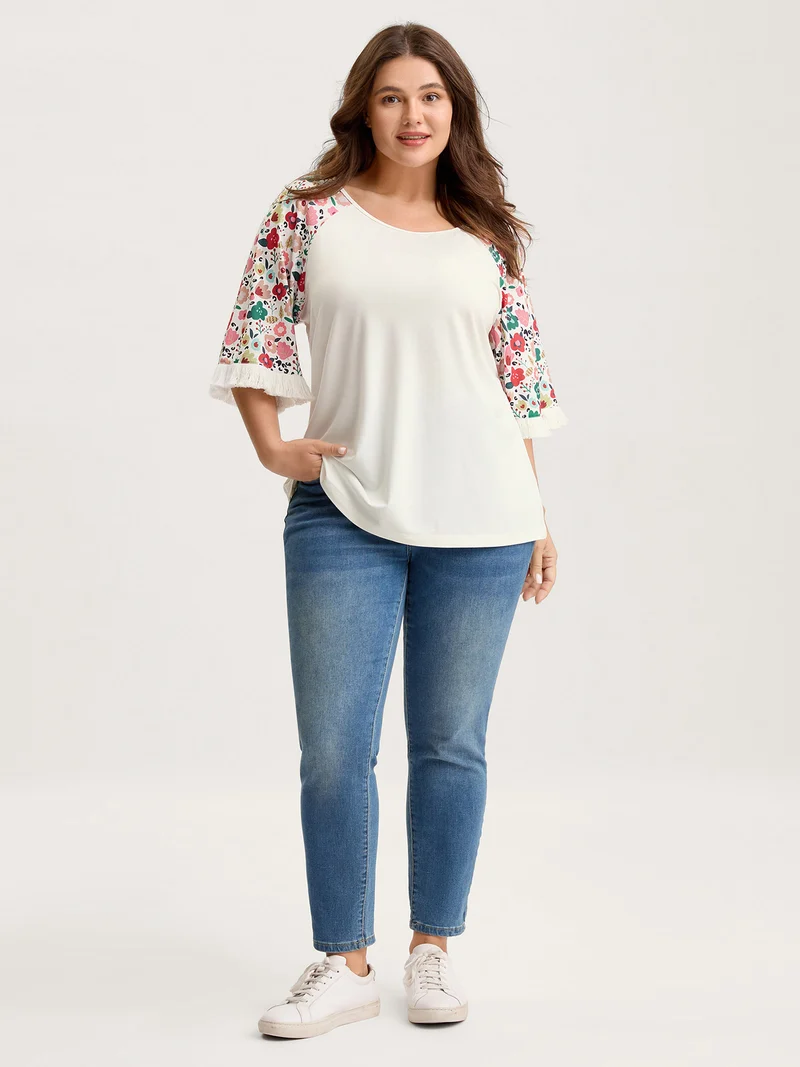 Floral Raglan Sleeve Tassels T-Shirt