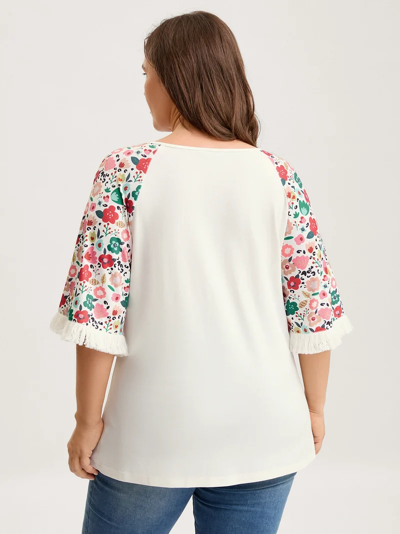 Floral Raglan Sleeve Tassels T-Shirt