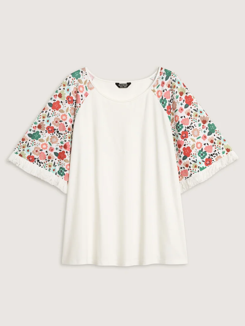 Floral Raglan Sleeve Tassels T-Shirt