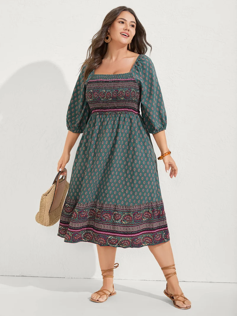 Paisley Print Shirred Bodice Midi Dress