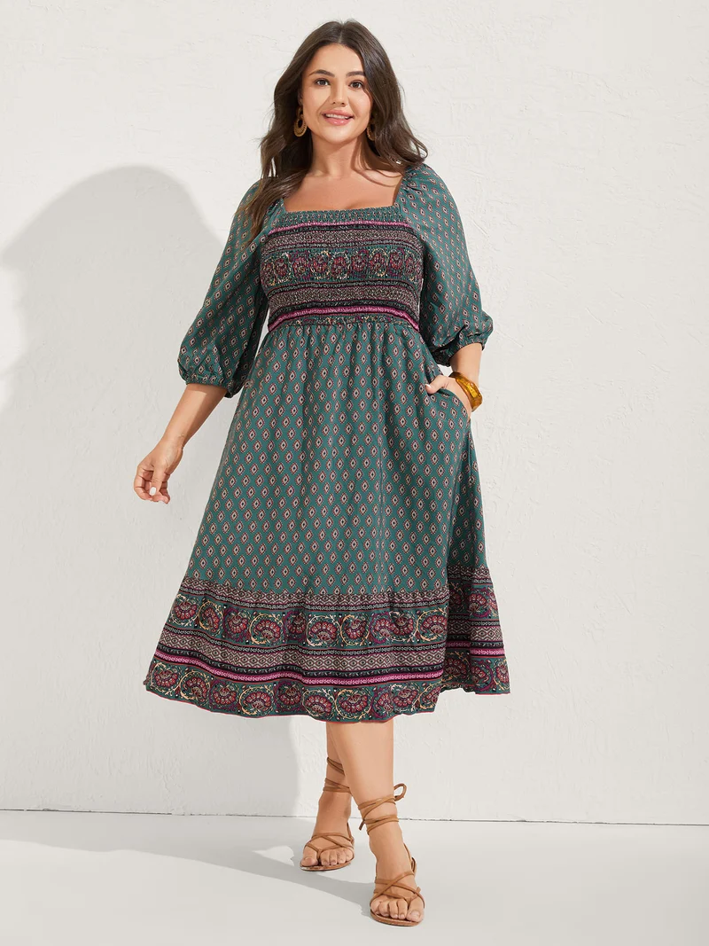Paisley Print Shirred Bodice Midi Dress