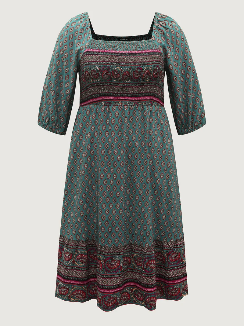 Paisley Print Shirred Bodice Midi Dress