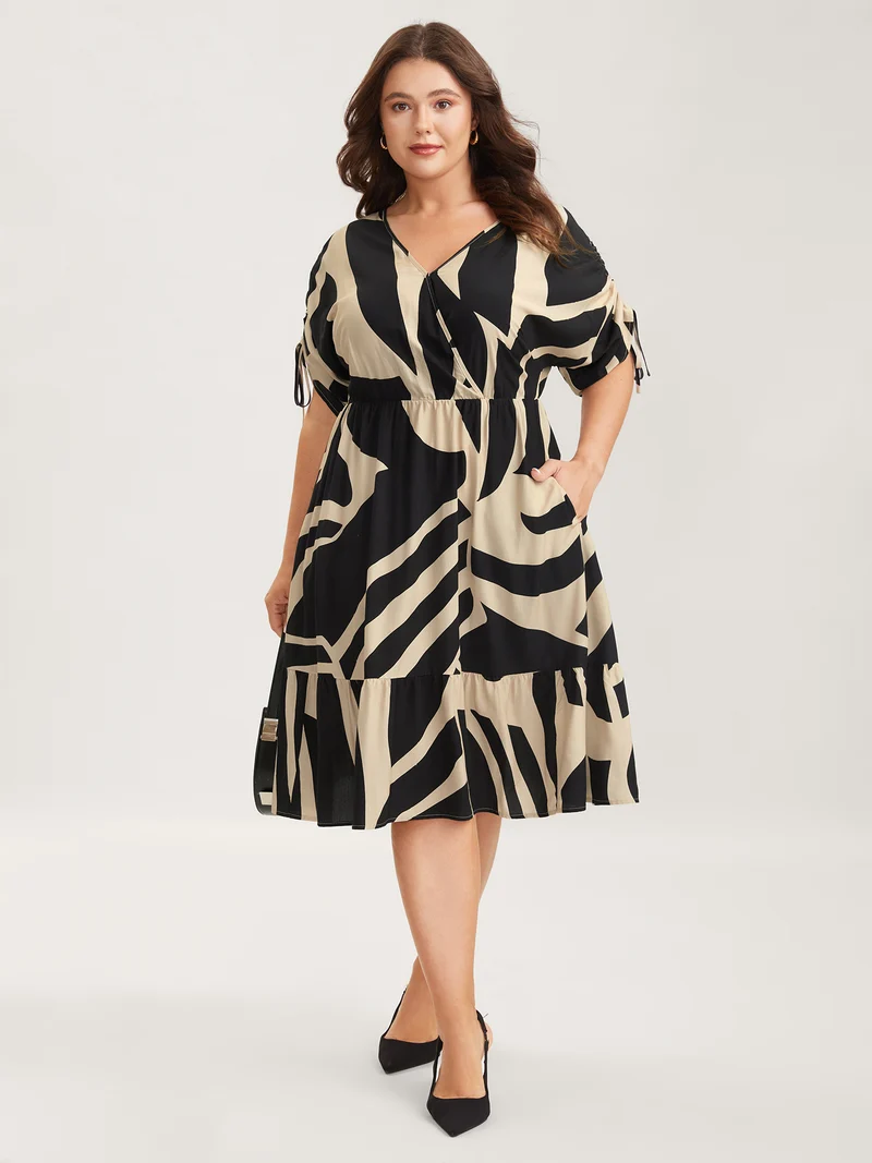 Stretchy Waist Geometric Print Midi Dress