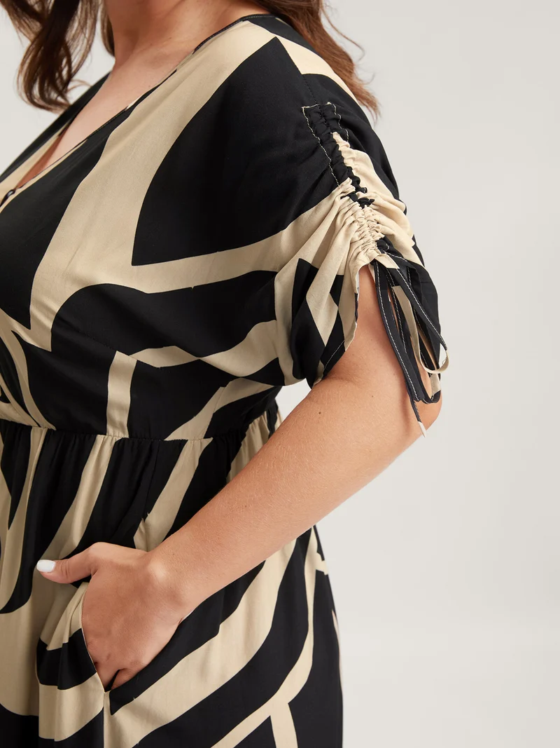 Stretchy Waist Geometric Print Midi Dress