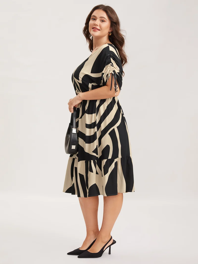 Stretchy Waist Geometric Print Midi Dress