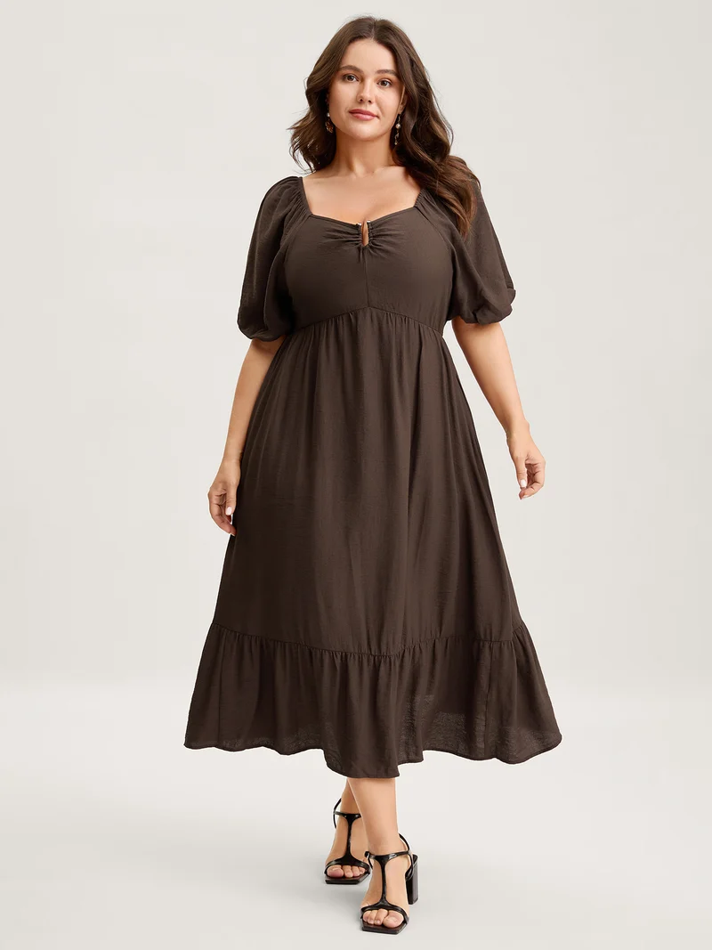 Sweetheart U-Buckle Pockets Tiered Midi Dress